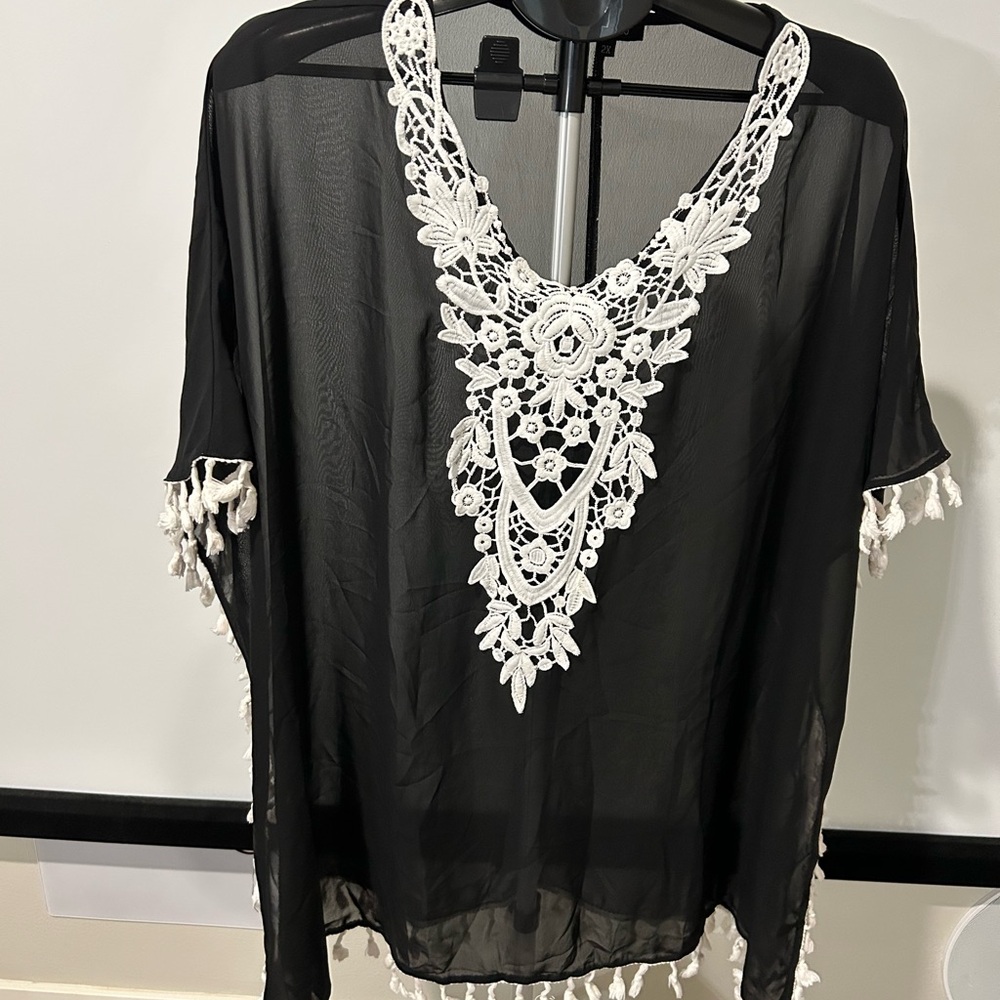 Black Sheer Cover-Up with White Lace Detail